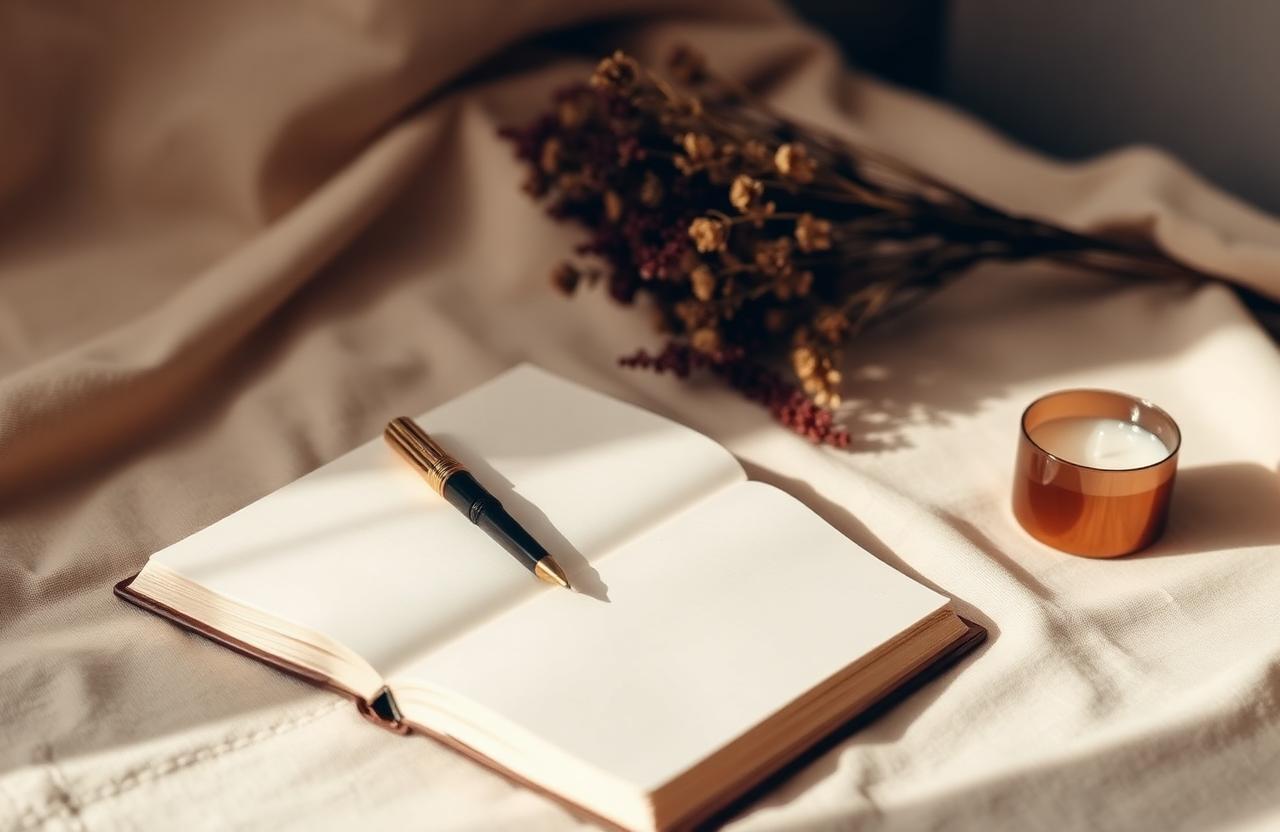 Cuaderno abierto con una pluma sobre tela de lino, flores secas y una vela al lado.