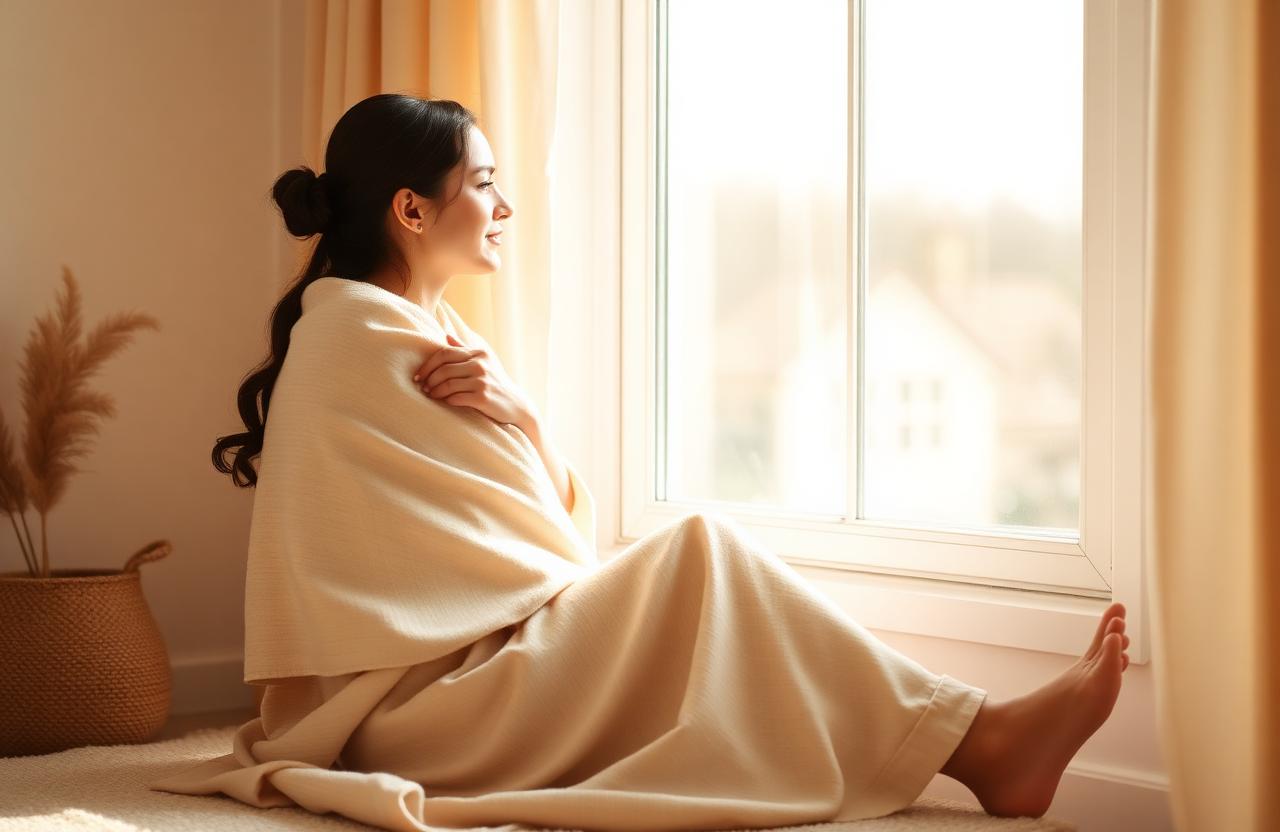 Mujer sentada junto a una ventana envuelta en una manta beige, mirando con calma al exterior.