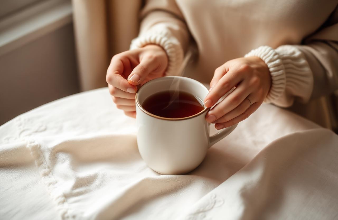 Manos sosteniendo una taza de té caliente sobre un mantel de lino, luz suave de mañana.