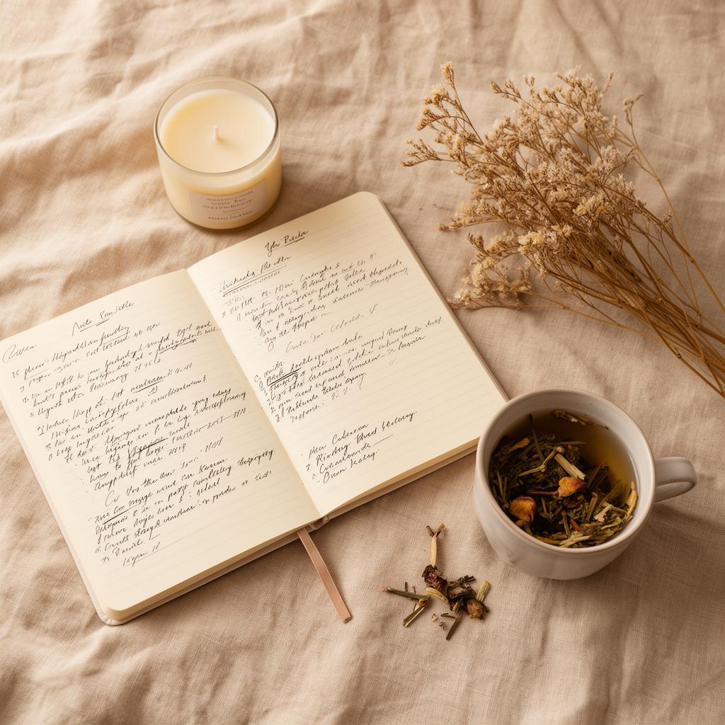 Cuaderno abierto con notas, vela y té sobre lino beige