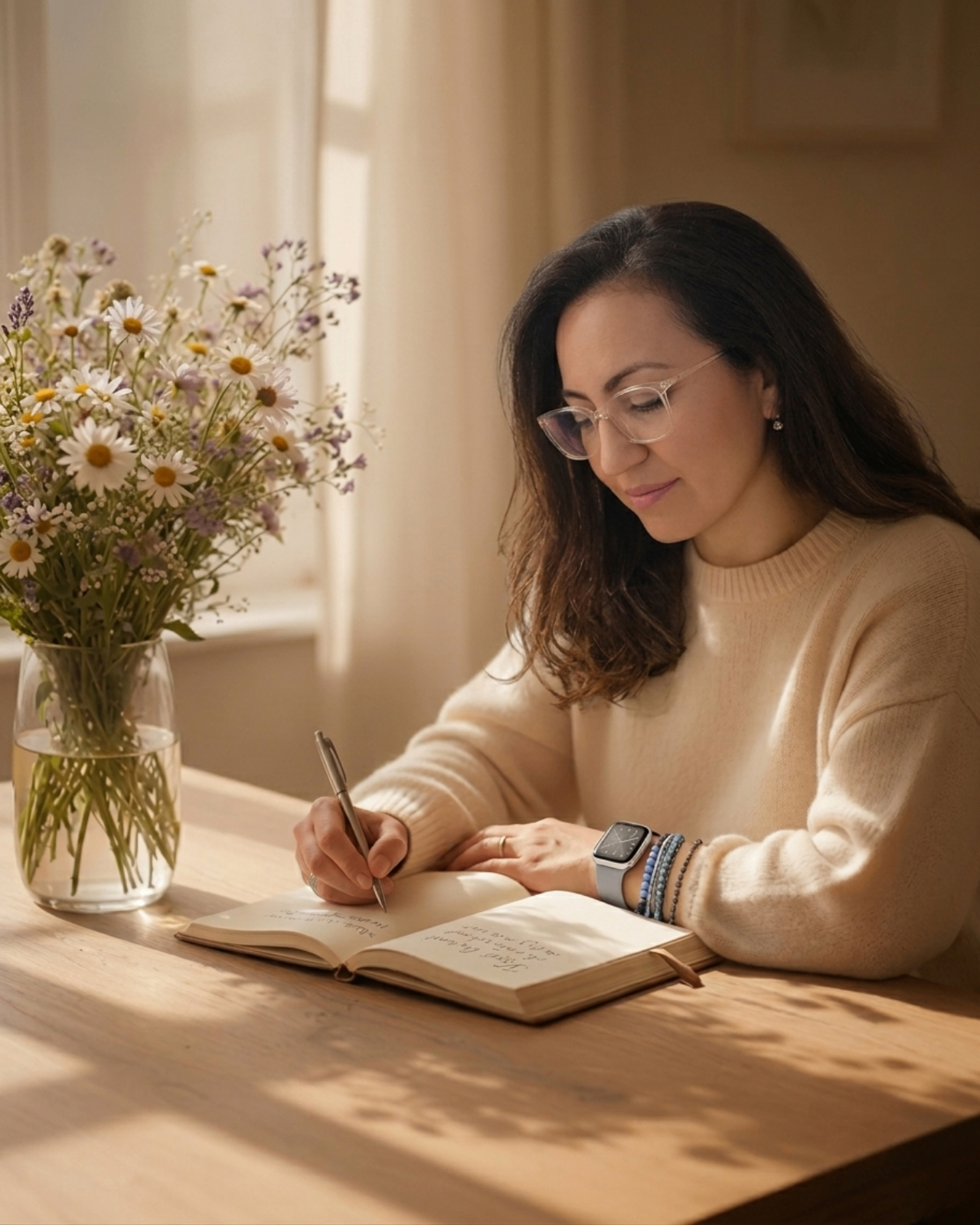 Mujer escribiendo en un diario junto a flores silvestres